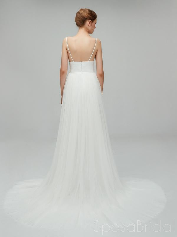 Sexy V-neck Backless Tulle A-line Simple Long Beach Wedding Dress, WD0120