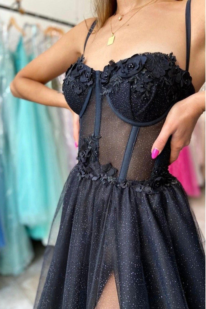 Sexy Black Spaghetti Straps Lace Top A-line Side-slit Sparkly Long Prom Dress, PD3297