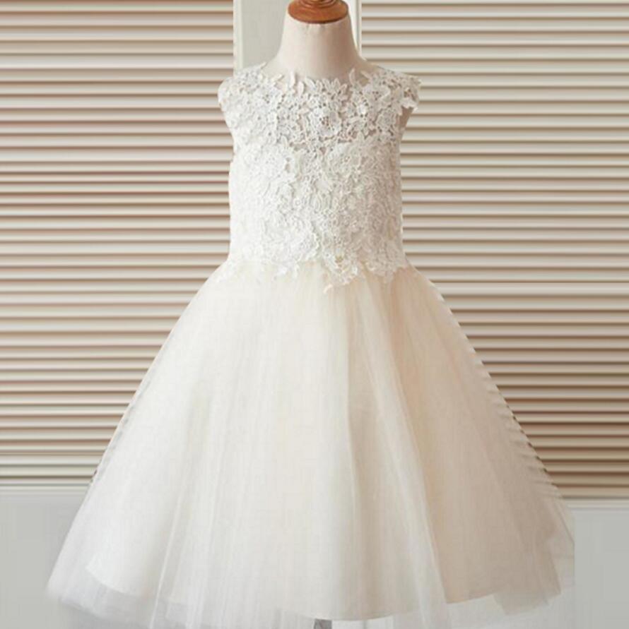 Cute Sleeveless Open Back Top Lace A-line Tulle Flower Girl Dresses, FG094