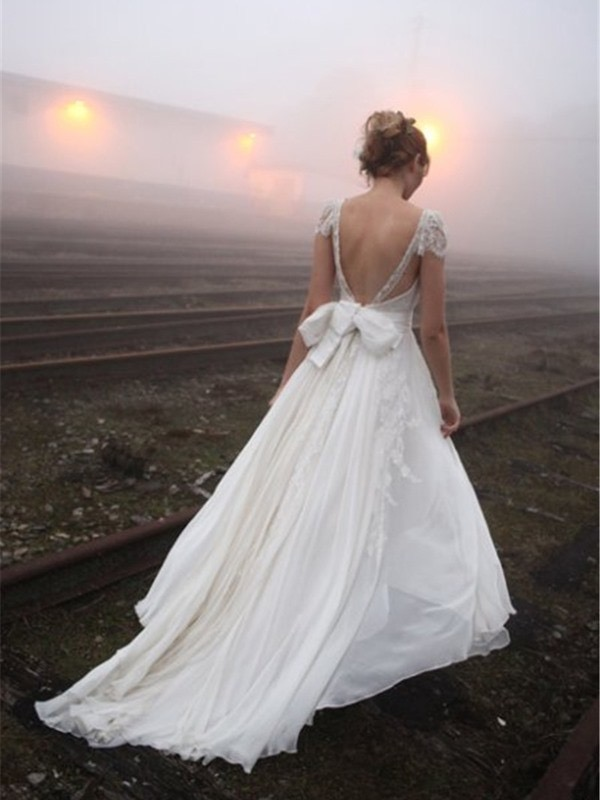 Backless Cap Sleeve V Neck Simple Beach Wedding Dresses, WD329 - SposaBridal