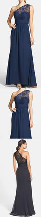 Elegant Navy Blue One Shoulder Lace Chiffon A Line Floor-Length Cheap Bridesmaid Dresses, WG64
