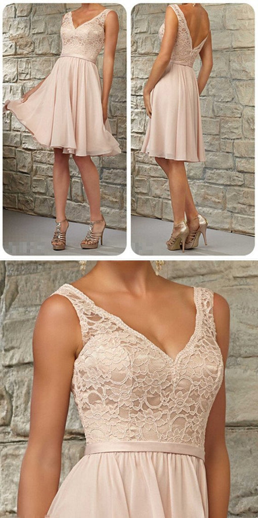 Short Lace Top Off Shoulder V-Neck Knee-Length Blush Pink Midi Bridesmaid Dress, WG06