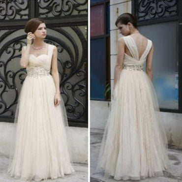 Charming Simple Design Ivory High Waist Rhinestone Wedding Party Dresses, WD0070 - SposaBridal