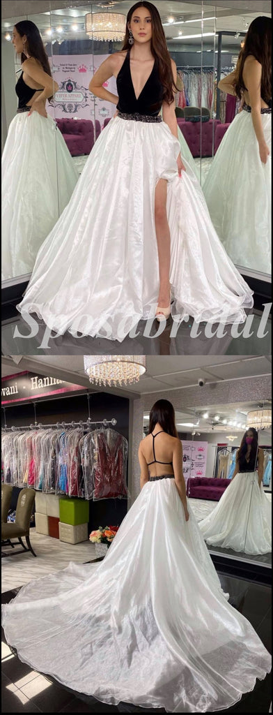 Sexy Spaghetti Srtraps Sleeveless Backless Side Slit A-Line Long Prom Dresses, PD3599