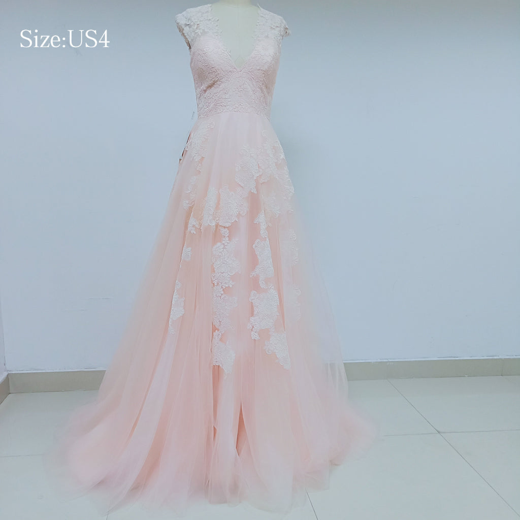 Discount Cheap Short in Size In Stock V Neck Peach Lace Prom Dresses Online,DD003