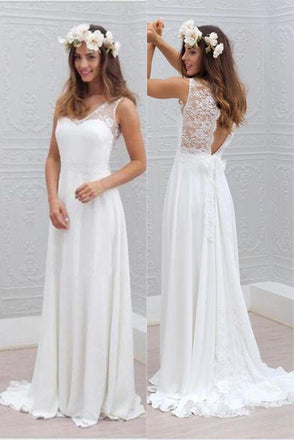 Sexy V Neck Lace Top Open Back Long Cheap Wedding Dresses, WD331