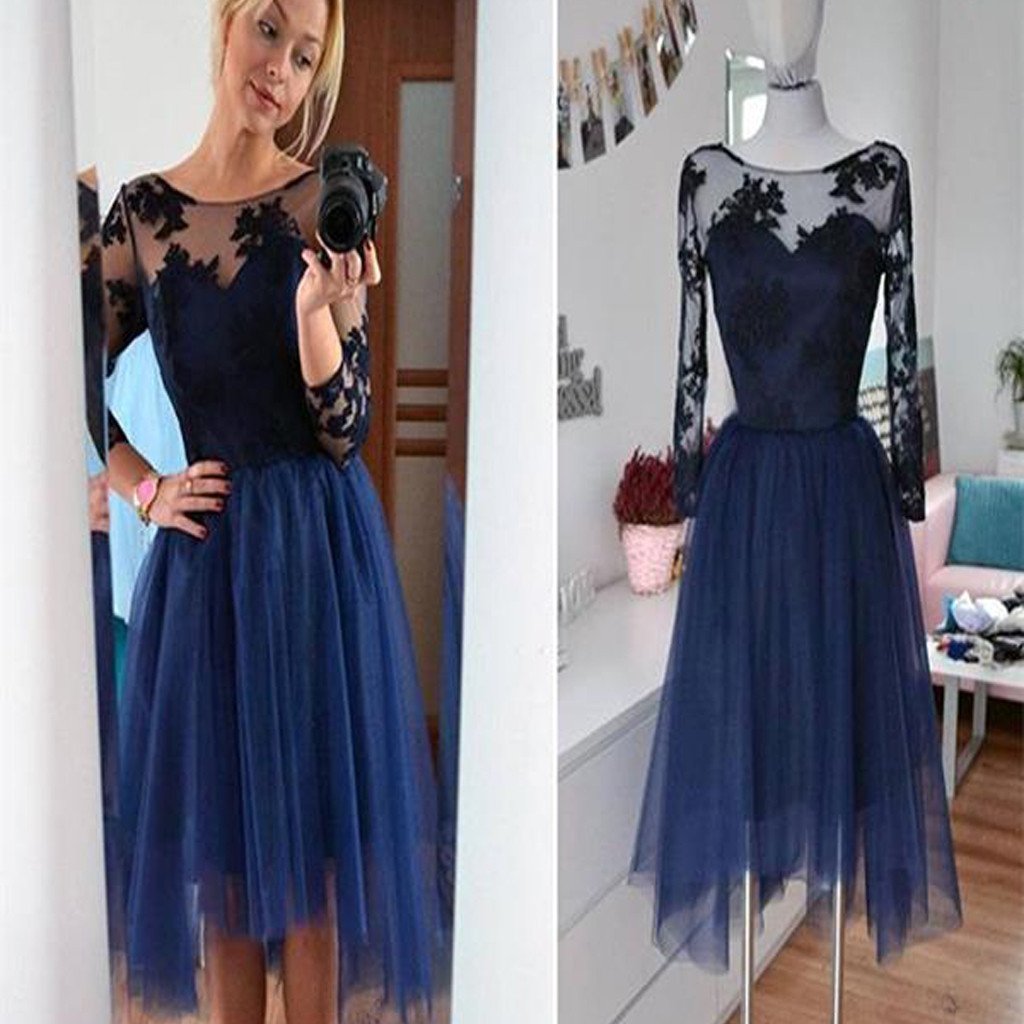 Navy long sleeve lace see through tulle simple modest casual homecoming prom gown dress,BD0086