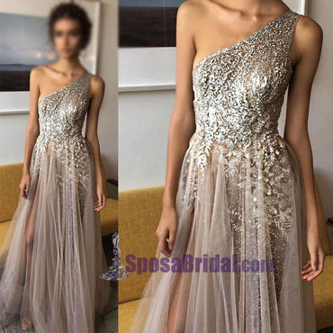 2019 One Shoulder Sparkly Side Split Elegant Modest Free Custom Prom Dresses, Fashion Prom dress, PD0686 - SposaBridal