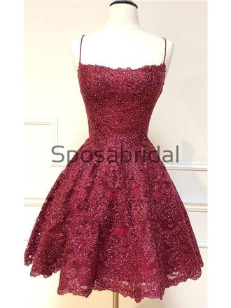 A-Line Burgundy Lace Modest Unique Homecoming Dresses BD0422