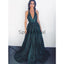 A-Line V-Neck Dark Green Sequin Elegant Formal Long Prom Dresses PD2192