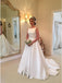 A-Line Bateau Backless Sweep Train White Satin Wedding Dress with Sash, Unique Design Bridal Gown, WD0035 - SposaBridal