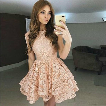 A-Line Bateau  Blush Full Lace Junior Cheap Short Cute Homecoming Dresses, BD0240 - SposaBridal