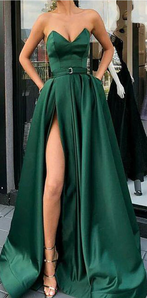 A-Line Best Sale Popular Sweetheart  Split Front Dark Green Long Prom Dresses with Belt Pockets, PD0938 - SposaBridal