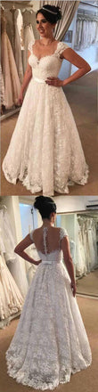 A-Line Cap Sleeves Lace Elegant Fall Wedding Dresses, Free Custom High Quality Bridal gown, WD0202 - SposaBridal