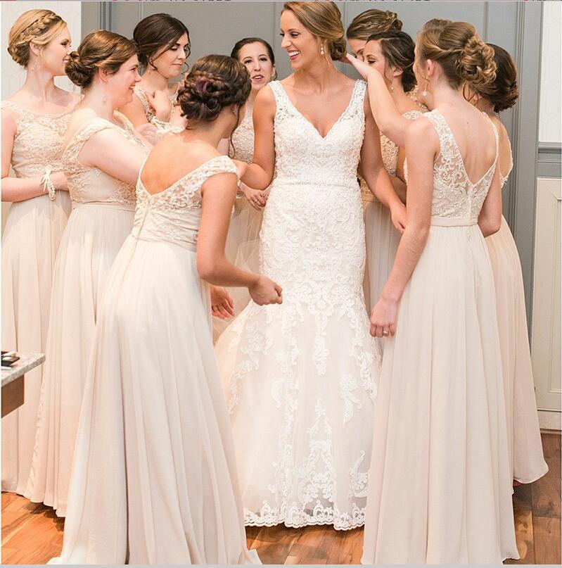 A-Line Chiffon Cheap Top Lace V-Back Scoop Long Peach Modest Unique Newest Bridesmaid Dresses , WG262 - SposaBridal