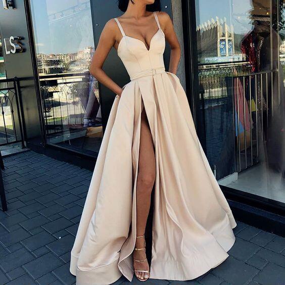 A-Line Formal Custom Spaghetti Straps Sweep Train Split Front Prom Dresses with Belt, PD0943 - SposaBridal