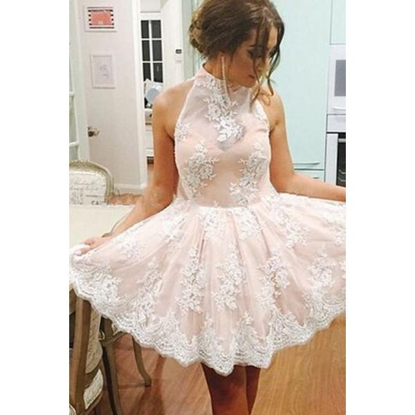 Popular Modest Junior High Neck Appliques Short Lace Homecoming Dresses, BD0247