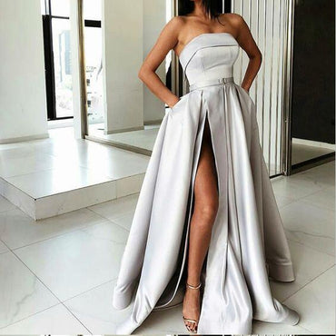 A-Line Most Popular Off Shoulder Sweep Train Split Front Grey Prom Dresses with Belt online , PD0944 - SposaBridal