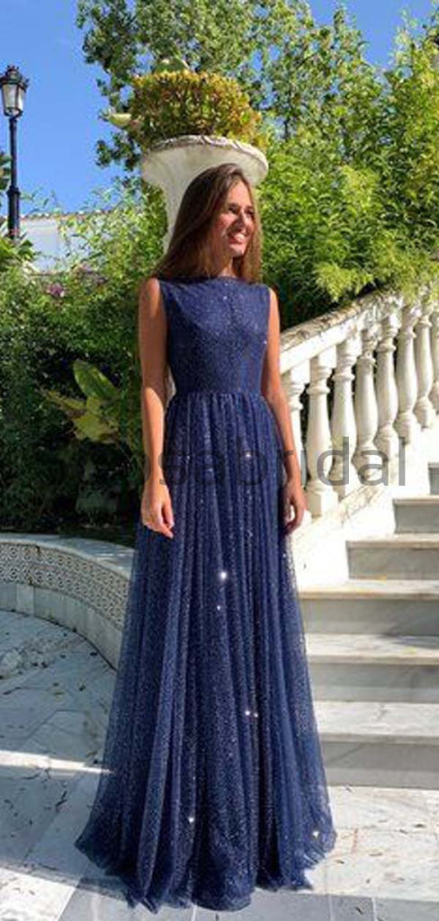 A-Line Navy Blue Sequin Sleeveless Tulle V-Neck Sparkly Long Prom Dresses PD1968