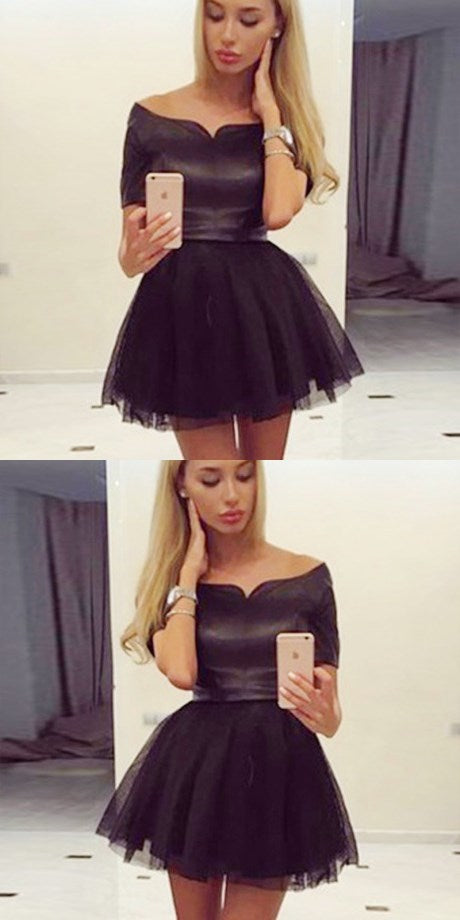 Simple Cheap Junior A-Line Off-the-Shoulder Short Black Tulle Homecoming Dresses,BD0253