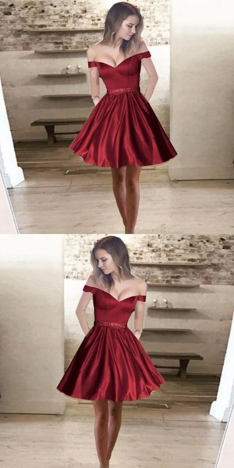 Simple Cheap Hot Sale A-Line Off-the-Shoulder Short Satin Homecoming Dresses,BD0254