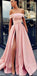 A-Line Off Shoulder Long Cheap Sweep Train Split Front Pink Prom Dresses with Belt, PD0945 - SposaBridal