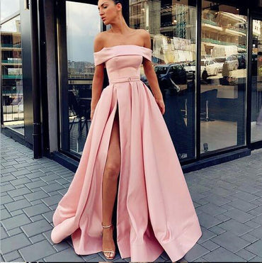 A-Line Off Shoulder Long Cheap Sweep Train Split Front Pink Prom Dresses with Belt, PD0945 - SposaBridal
