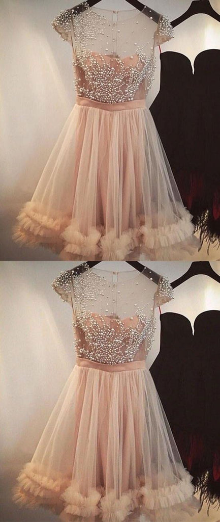 A-Line Short Cheap Cap Sleeves Tulle  Beautiful Homecoming Dresses with Beading Homecoming Dresses, BD0234 - SposaBridal