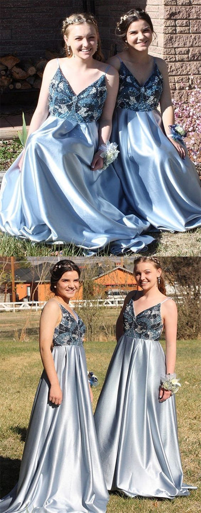 A-Line Spaghetti Straps Backless Blue Popular Modest Elegant Prom Dress with Beading,bridesmaid dresses,WG379 - SposaBridal