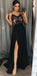 A-Line Spaghetti Straps Floor-Length Black Prom Dresses with Lace Split Online,PD0203