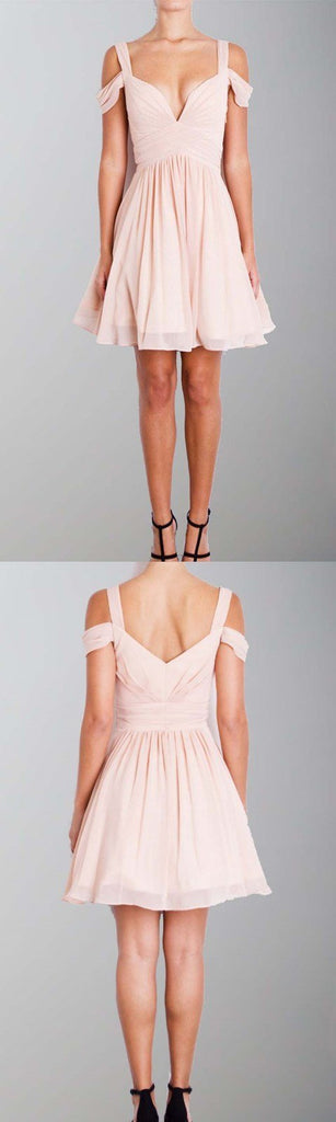 A-Line Straps Pink Short Chiffon Homecoming Dress, Off the Shoulder Bridesmaid Dresses, WG258 - SposaBridal