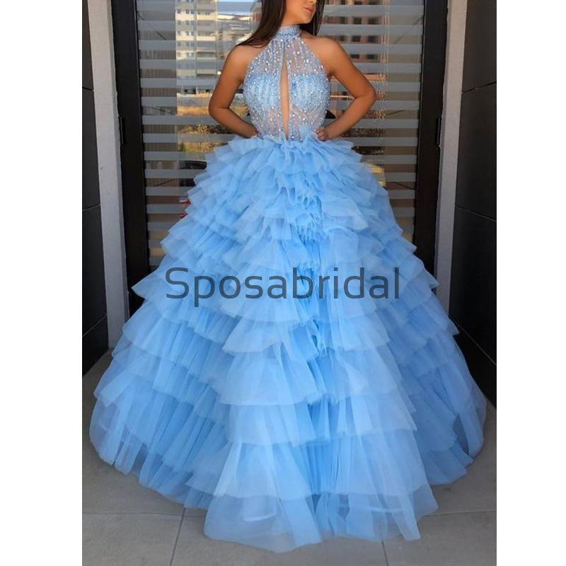 A-line Blue High Neck Tulle Gorgeous Long Prom Dresses, Ball Gown PD2181