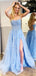 A-line Ice Blue Lace Spaghetti Straps Side-slit Prom Dresses, PD2127