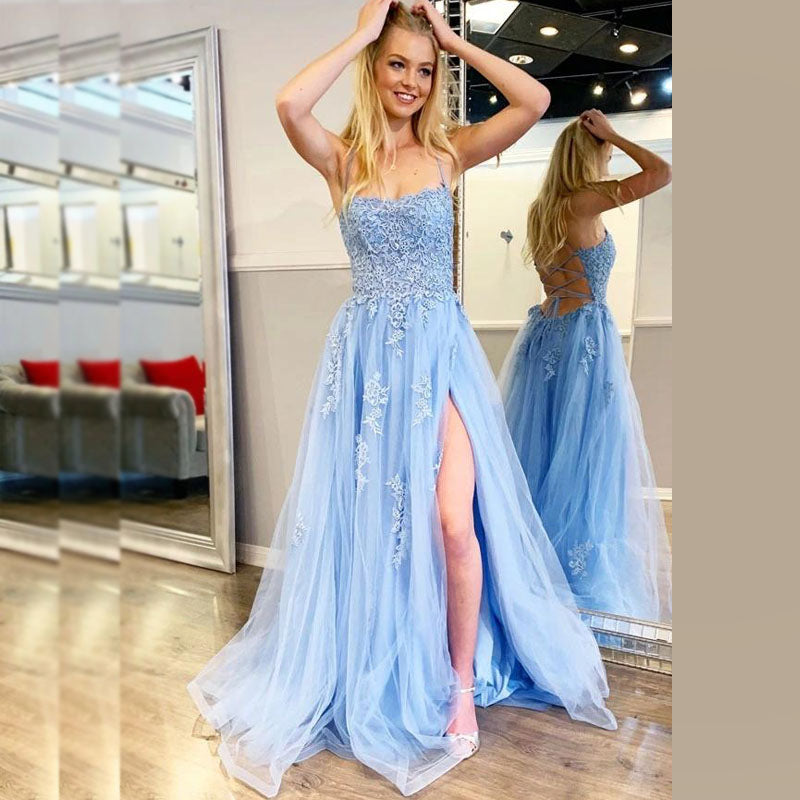 A-line Ice Blue Lace Spaghetti Straps Side-slit Prom Dresses, PD2127