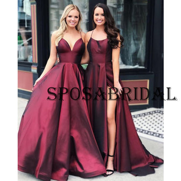 A-line Burgundy Satin Cheap Simple  Evening Prom Dresses PD2340
