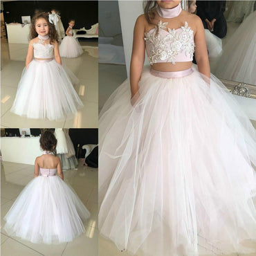 A-line Halter Two Pieces Tulle Unique Flower Girl Dresses, FG145