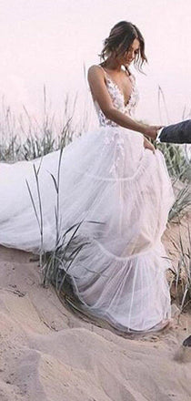 Sexy Spaghetti Strap V-neck Backless A-line Lace Beach Wedding Dresses, WD0610