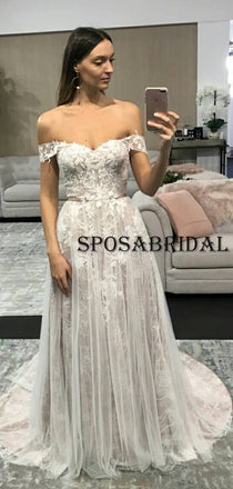 A-line Lace Off the Shoulder Vintage Pretty Wedding Dresses WD0595