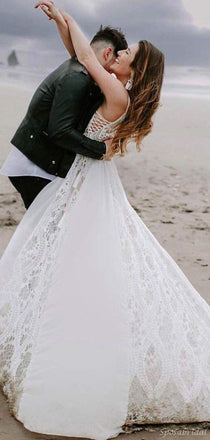 Charming Boho Spaghetti Strap A-line Lace Long Beach Wedding Dresses, WD0596