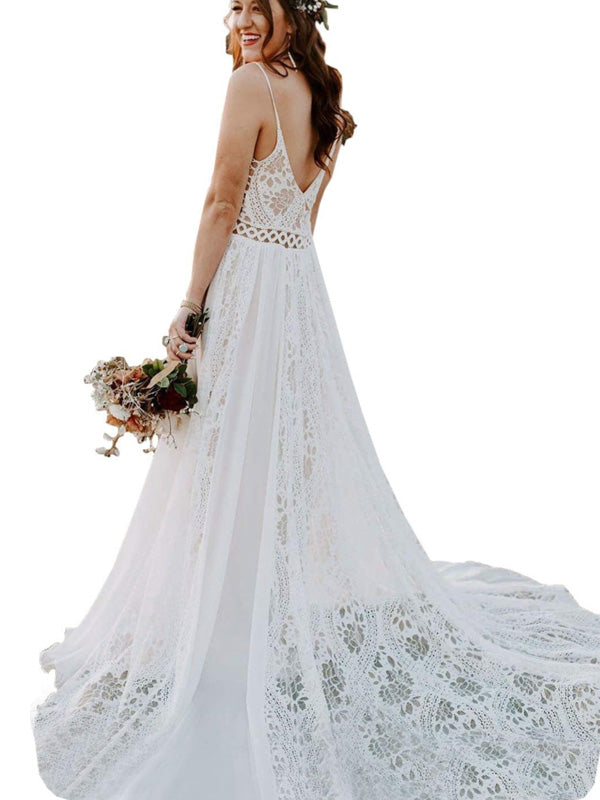 Charming Boho Spaghetti Strap A-line Lace Long Beach Wedding Dresses, WD0596