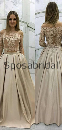 A-line Lace Champagne Off the Shoulder Long Wedding Dresses WD0560