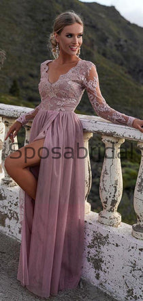 A-line Long Sleeves V-Neck Elegant Popular Long Prom Dresses PD2291