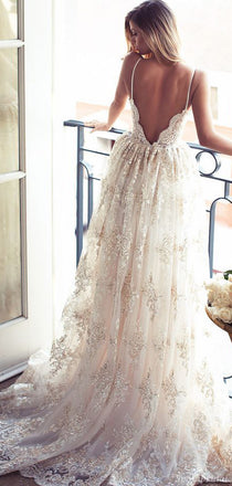 Sexy Long A-line Spaghetti Strap Backless Lace Wedding Dress, WD0046