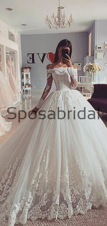 A-line Off the Shoulder Modest Lace Romantic Wedding Dresses  WD0404