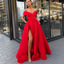 A-line Off the Shoulder Modest Side Split Red Unique Prom Dresses, PD0877