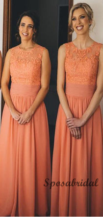 A-line Orange Chiffon Lace Long Bridesmiad Dresses WG906