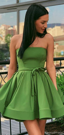 Strapless A-line Sage Green Unique Pretty Short Homecoming Dresses, BD0431