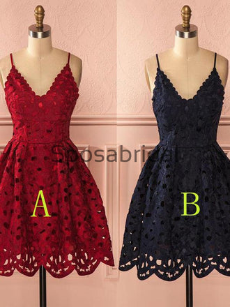 A-line Red Navy Blue Spaghetti Straps Lace Short Homecoming Dresses BD0432