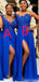 A-line Royal Blue Side Slit Lace Gorgeous Bridesmaid Dresses WG603