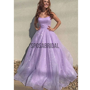 A-line Shinny Lilac Sparkly Modest Long Prom Dresses PD2272